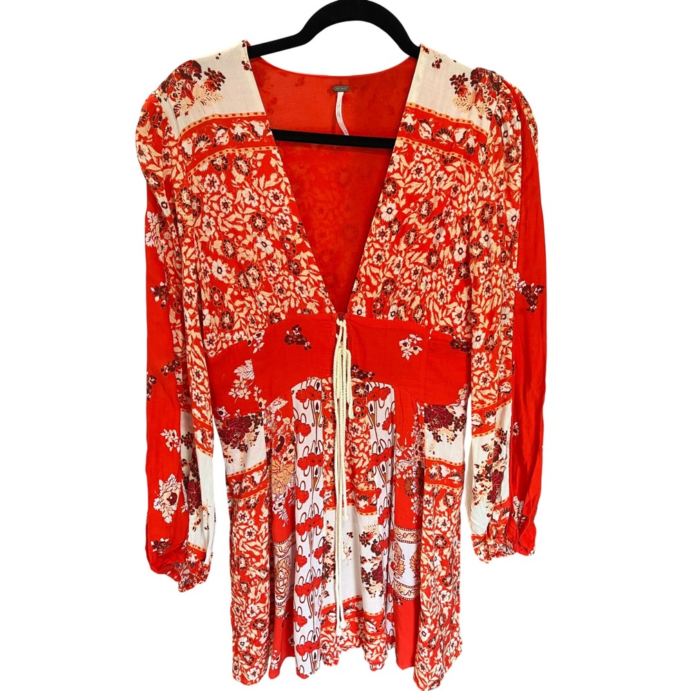 Free People Heartbeats Mini Dress Red Floral Patchwork V-Neck OB1258449 Small